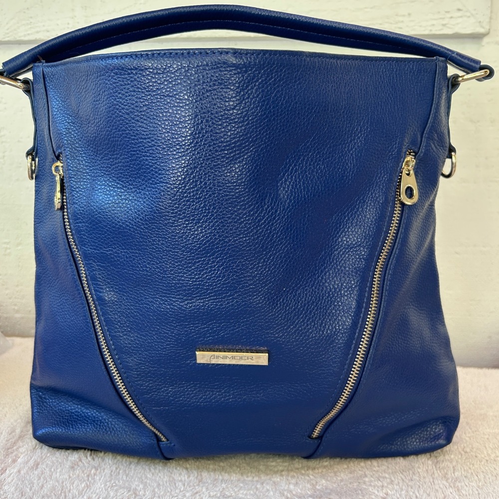 Ainimoer Blue Pebbled Leather Hobo Shoulder Bag Gold Hardware Handbag NWOT